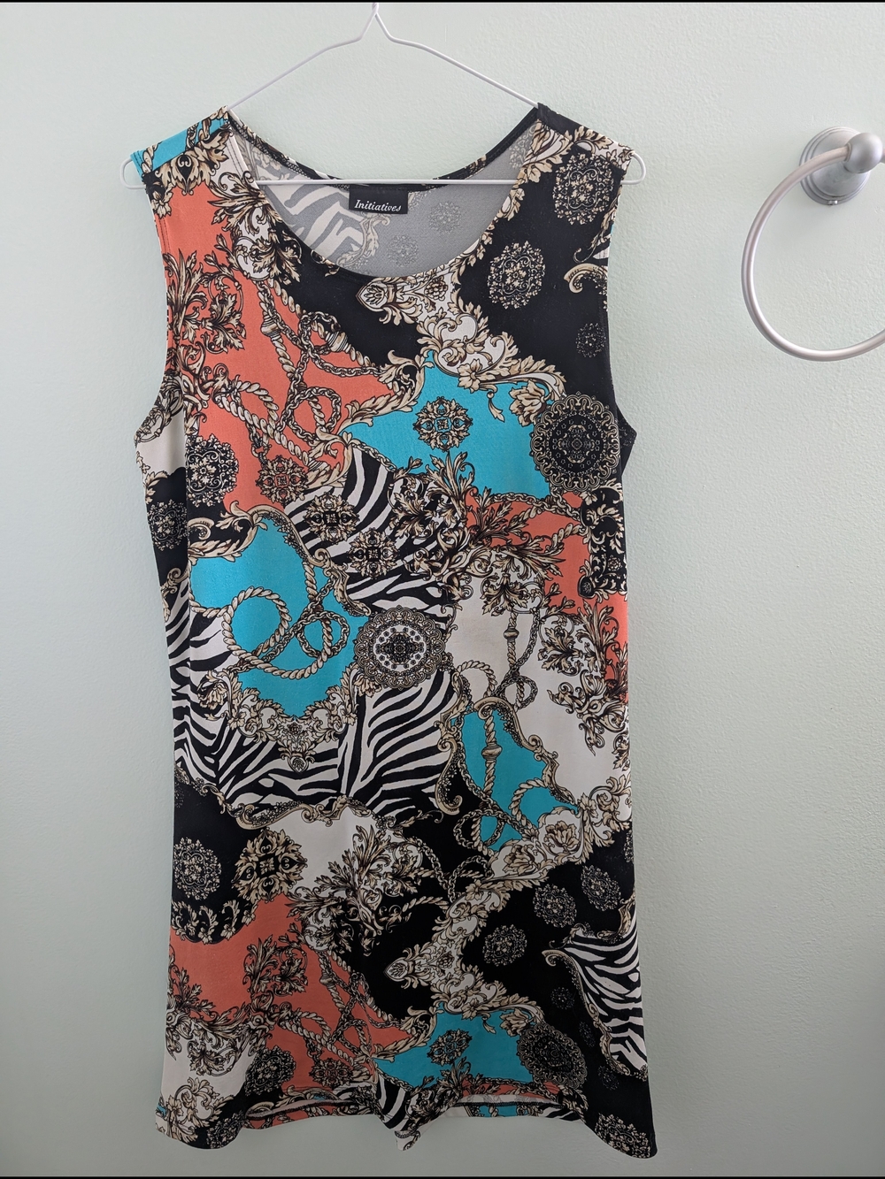 Sleeveless Printed Mini Dress in Coral, Teal & Black by No Brand